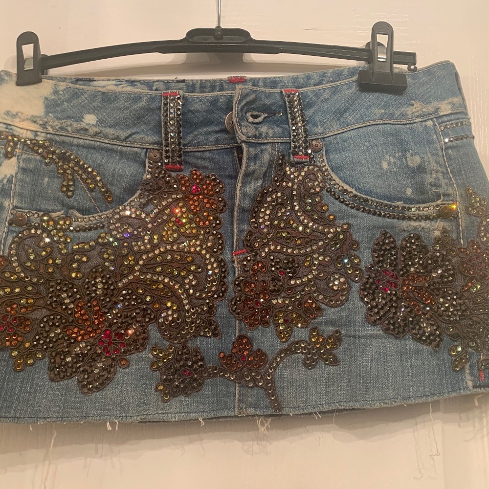 Embellished denim mini skirt